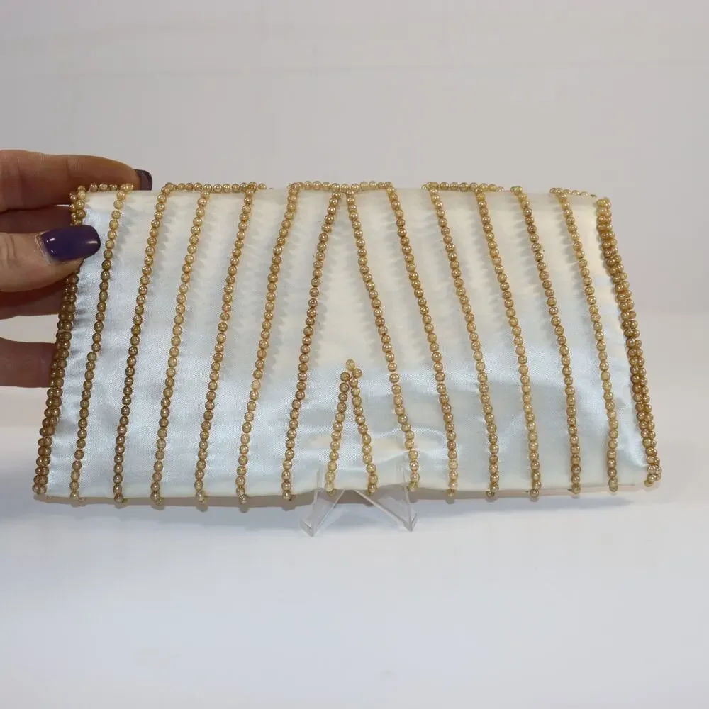 Vintage Made in Japan White‎ Satin Beaded Clutch Evening Bag